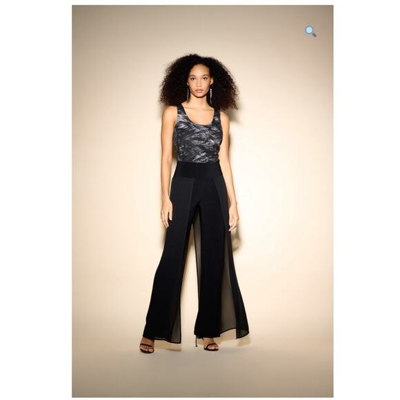 Joseph Ribkoff Classic Chiffon Overlay Black Flowy Pants Festive Holiday Party - Picture 11 of 11